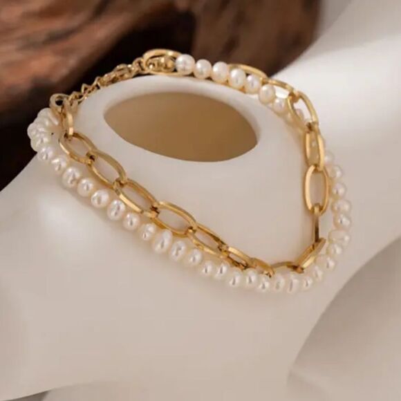 #38 Double Layer Gold Chain Freshwater Pearl Bracelet - Picture 1 of 7